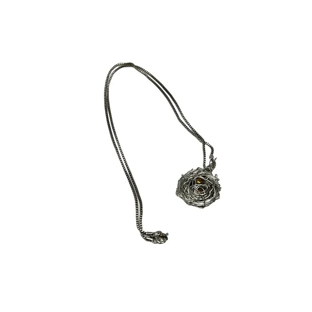 Silver Tone Bird Nest Pendant‎ with Gold Tone Eggs 20 inch Chain